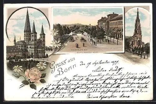 Lithographie Bonn, Kaiserplatz mit Poppelsdorfer Allee, Münsterkirche