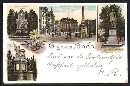 Lithographie Bonn, Krieger-Denkmal, Marktplatz, Arndt-Denkmal