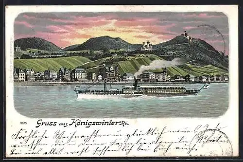 Lithographie Königswinter a. Rh., Ortsansicht im Sonnenaufgang, Dampfer