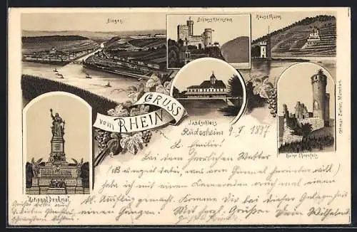 Lithographie Bingen / Rhein, Nationaldenkmal, Ruine Ehrenfels, Gesamtansicht mit Brücke aus der Vogelschau