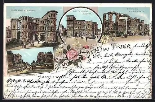 Lithographie Trier, Porta Nigra, Ruine des Kaiserpalastes