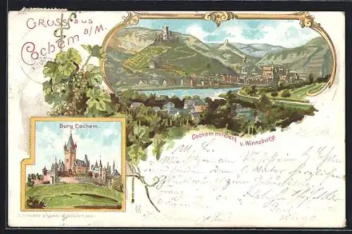 Lithographie Cochem a. M., Cochem mit Sehl und Winneburg