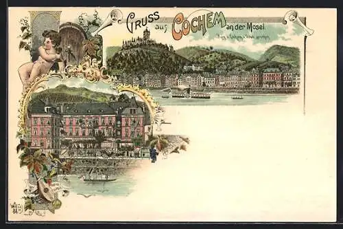 Lithographie Cochem, Hotel zur Union, Burg und Ortschaft v. Osten