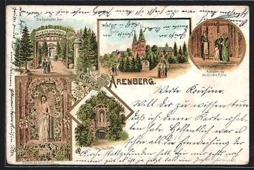 Lithographie Arenberg, Fussstapfen Jesu, Christus als Gebundener, Kirche, Herz Jesu Grotte