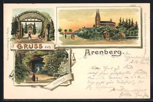 Lithographie Arenberg, Eingang zum Oelberg, Kirche