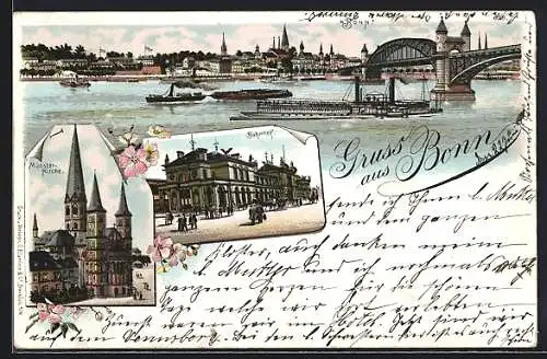 Lithographie Bonn, Panorama mit Rhein und Dampfern, Blick auf Bahnhof und Münster