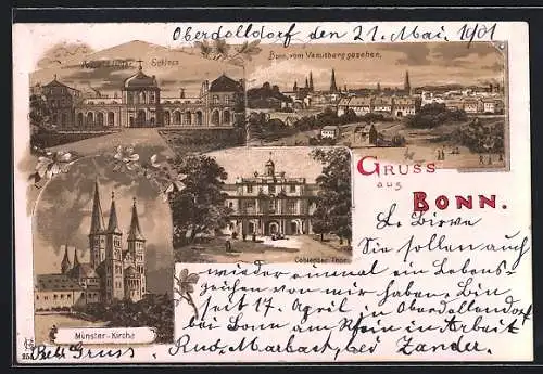 Lithographie Bonn, Ortsansicht vom Venusberg, Schloss, Coblenzer Thor