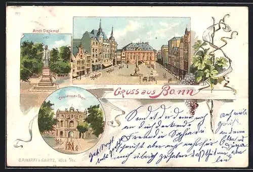 Lithographie Bonn, Arndt Denkmal, Coblenzer Tor und Marktplatz