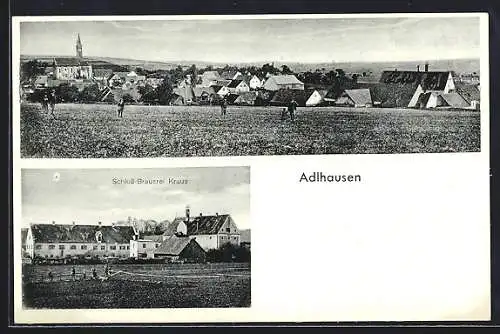 AK Adlhausen, Schloss-Brauerei Kraus, Ortsansicht mit Kirche