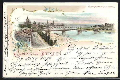 Lithographie Dresden, Ortspartie von der Albertbrücke aus gesehen