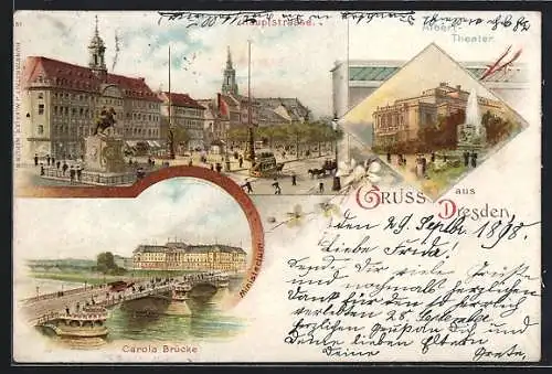 Lithographie Dresden-Neustadt, Carola-Brücke, Hauptstrasse, Albert-Theater