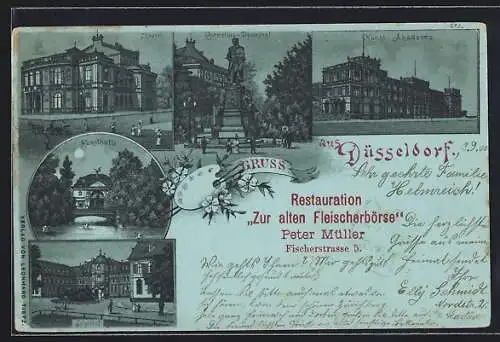 Mondschein-Lithographie Düsseldorf, Karte von der Restauration Zur alten Fleischbörse, Jägerhof und Kunst-Akademie