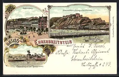 Lithographie Ehrenbreitstein, Blick auf Festung und Schiffbrücke, Kaiserdenkmal, Goebenplatz, Dampfer auf dem Rhein