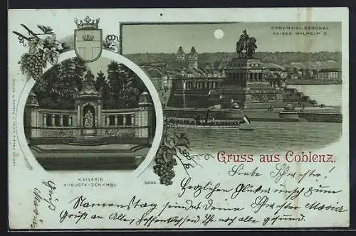 Mondschein-Lithographie Coblenz, Kaiserin Augusta-Denkmal und Provonzial-Denkmal Kaiser Wilhelm I