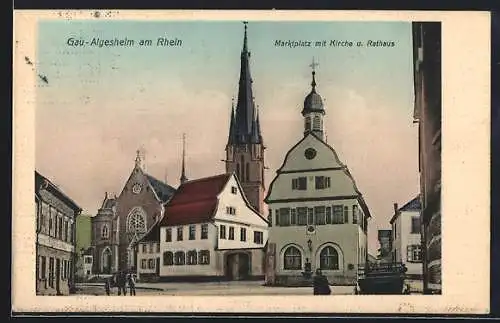 AK Gau-Algesheim / Rhein, Marktplatz mit Kirche und Rathaus