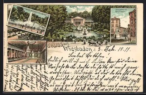 Lithographie Wiesbaden, Grosse Fontaine im Kurgarten, Kurhaus und Kranzplatz mit Korbbrunnen