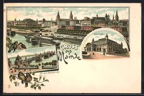 Lithographie Mainz, Die neue Rheinbrücke, Stadthalle, Teilansicht mit Dampfer