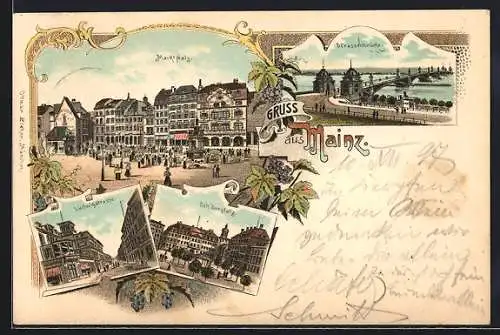 Lithographie Mainz, Marktplatz, Schillerplatz, Ludwigstrasse, Strassenbrücke