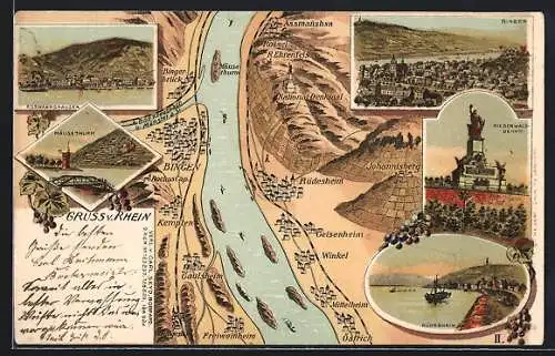 Lithographie Bingen / Rhein, Landkarte mit dem Rhein, Assmannshausen, Rüdesheim und Kempen