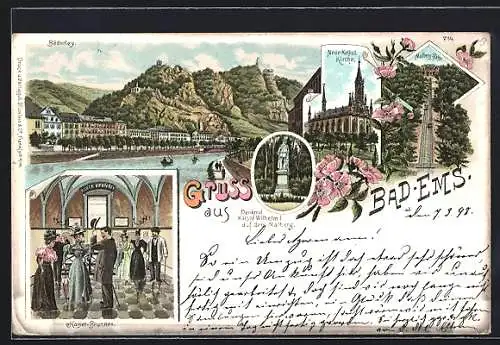 Lithographie Bad Ems, Malberg Bahn und Kaiser Wilhelm I Denkmal auf dem Malberg