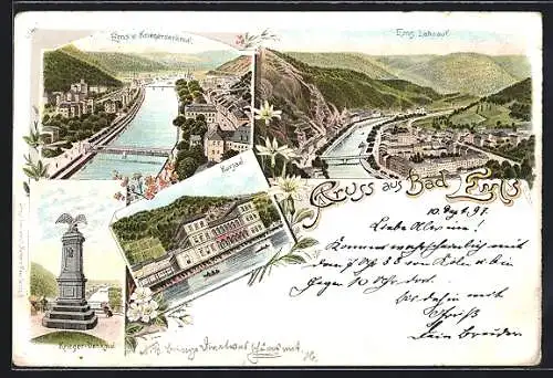 Lithographie Bad Ems, Kursaal, Kriegerdenkmal, Gesamtansicht mit Lahnlauf