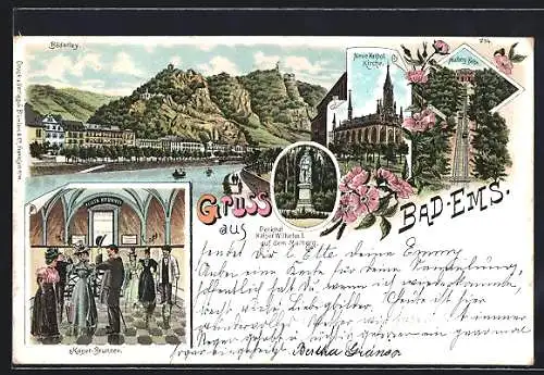 Lithographie Bad Ems, Malberg Bahn und Kaiser Wilhelm I Denkmal auf dem Malberg