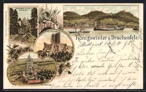 Lithographie Königswinter, Drachenburg, Ruine Drachenfels und Zahnradbahn