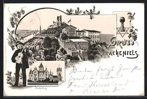 Lithographie Königswinter, Drachenfels und Drachenburg im Schmuckrahmen