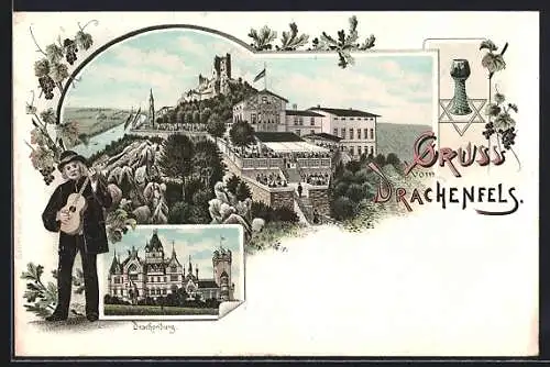 Lithographie Königswinter, Drachenfels und Drachenburg im Schmuckrahmen