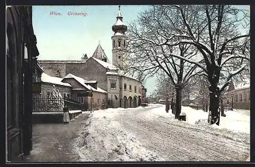 AK Wien, Grinzing, Ortspartie mit Kirchturm im Winter