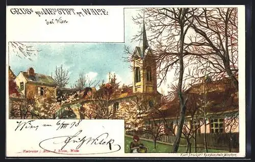 Lithographie Wien, Neustift am Walde, Ortspartie an der Kirche