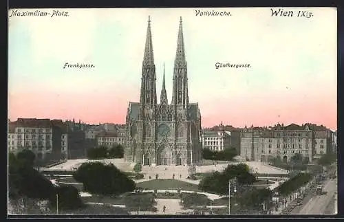 AK Wien, Maximilian-Platz mit Votivkirche, Einmündung von Frank- und Günthergasse