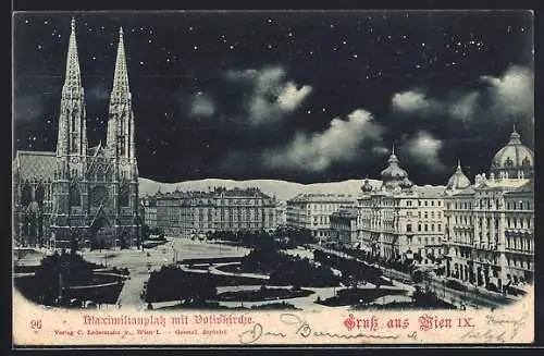 AK Wien, Maximilianplatz mit Votivkirche in sternklarer Nacht