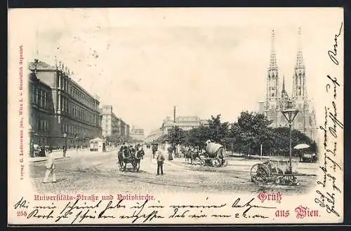 AK Wien, Universitäts-Strasse und Votivkirche, Kutsche mit grossem Fass