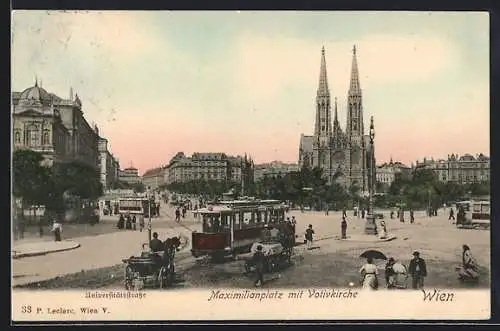 AK Wien, Maximilianplatz mit Votivkirche & Strassenbahn