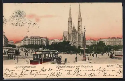 AK Wien, Universitätsstrasse mit Maximilianplatz und Votivkirche, Strassenbahn