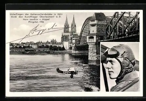 AK Köln, Unterfliegen der Hohenzollernbrücke durch den Kunstflieger Hans Joachim von Hippel 1926