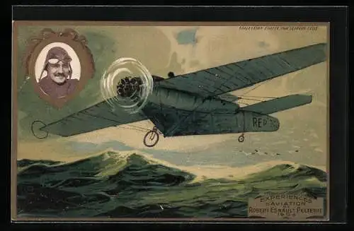 Künstler-AK Experiences d'Aviation de Robert Esnault Pelterie 1908, Portrait und Flugzeug