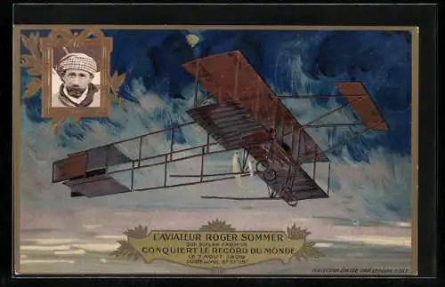 AK Pilot und Flugzeug, L`Aviateur Roger Sommer sur Biplan Farman, Conquiert le Record du Monde 1909