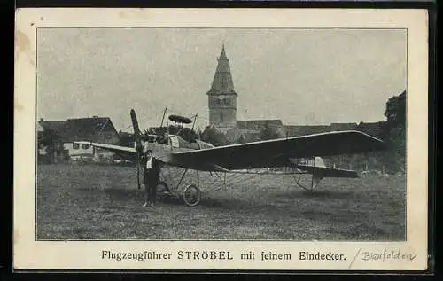 AK Flugzeugführer Ströbel mit seinem Eindecker