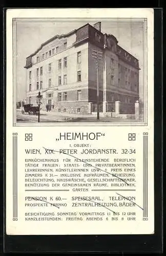 AK Wien, Einküchenhaus Heimhof für alleinstehende Frauen, Peter Jordanstr. 32-34