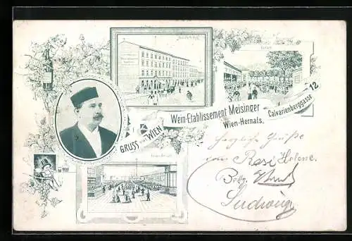 Lithographie Wien, Hernals, Wein-Restaurant Meisinger, Calvarienberggasse 12