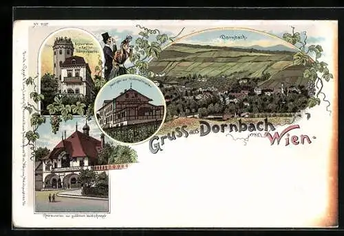 Lithographie Wien, Dornbach, Gasthaus Güldene Waldschnepfe, Cafe Sängerwarte, Heuriger zur Himmelmutter