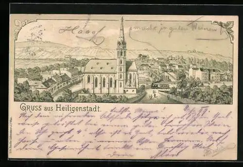 Lithographie Wien, Heiligenstadt, Strassenbahn vor der Kirche