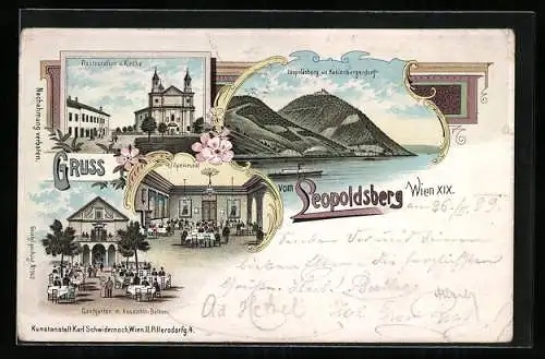 Lithographie Wien, Leopoldsberg, Restaurant mit Aussichts-Balkon, Kirche und Kahlenbergerdorf