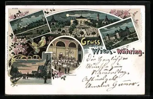 Lithographie Wien, Währing, Restaurant Türkenschanz-Park, Cottage Hasenauerstrasse, Sternwarte