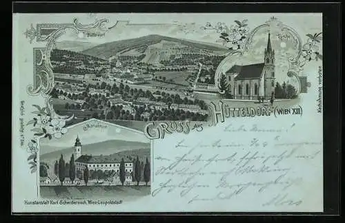 Mondschein-Lithographie Wien, Hütteldorf, Kirche, Blick auf Mariabrunn