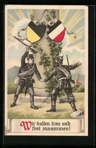 Künstler-AK Deutscher und österreichischer Soldat begrüssen sich, Wappen des Zweibunds