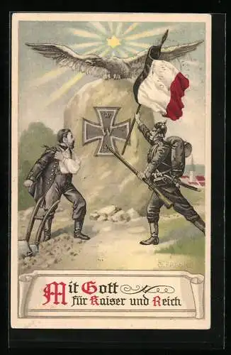 Künstler-AK sign.G. Franke: Soldaten vor Eisernem Kreuz