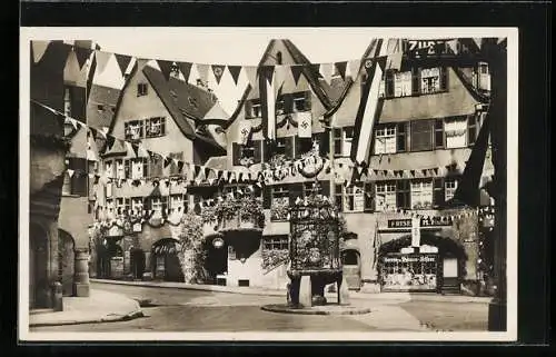 AK Stuttgart, 15. Deutsches Turnfest 1933, Altstadt im Festschmuck mit n, Friseur M. Fischer